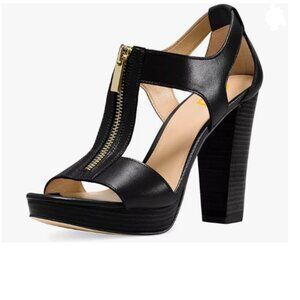 FSJ Black Peep Open Toe T-Strap Front Zipper Chunky Stacked High Heel Sandal